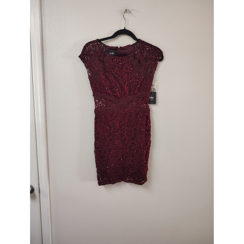 By & By Burgundy Lace Sequin Sheath Dress Womens Size‎ 3 Sleeveless Cocktail New